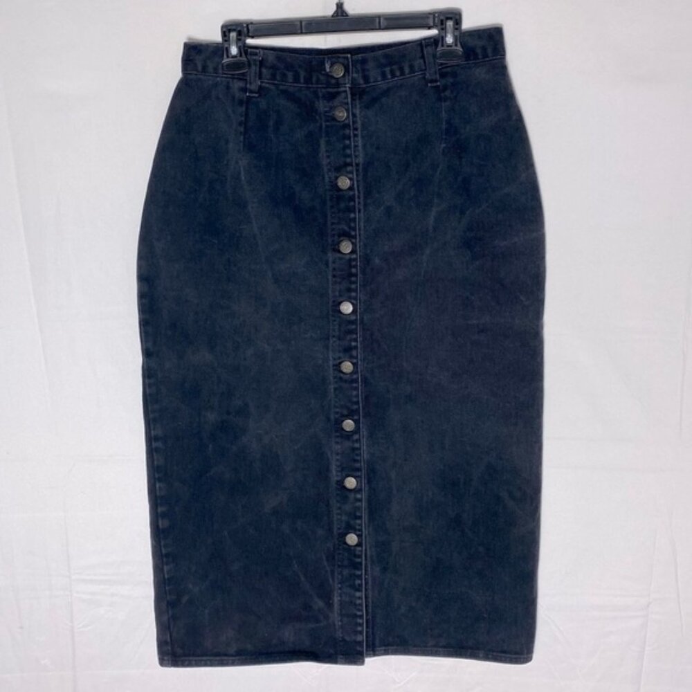 Vintage Leigh Morgan Washed Black Denim Button Front Midi Pencil Skirt L